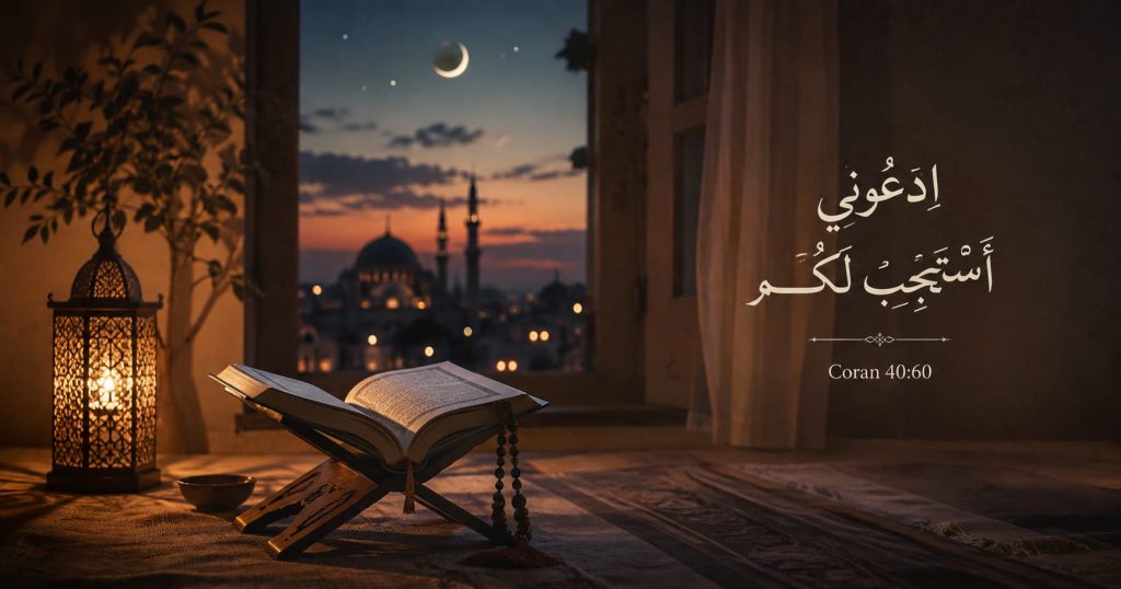 Coran ouvert et tasbih devant une fenêtre au coucher du soleil avec vue sur une mosquée - verset 40:60 « Invoquez-Moi, Je vous exaucerai »