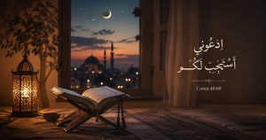 Coran ouvert et tasbih devant une fenêtre au coucher du soleil avec vue sur une mosquée - verset 40:60 « Invoquez-Moi, Je vous exaucerai »